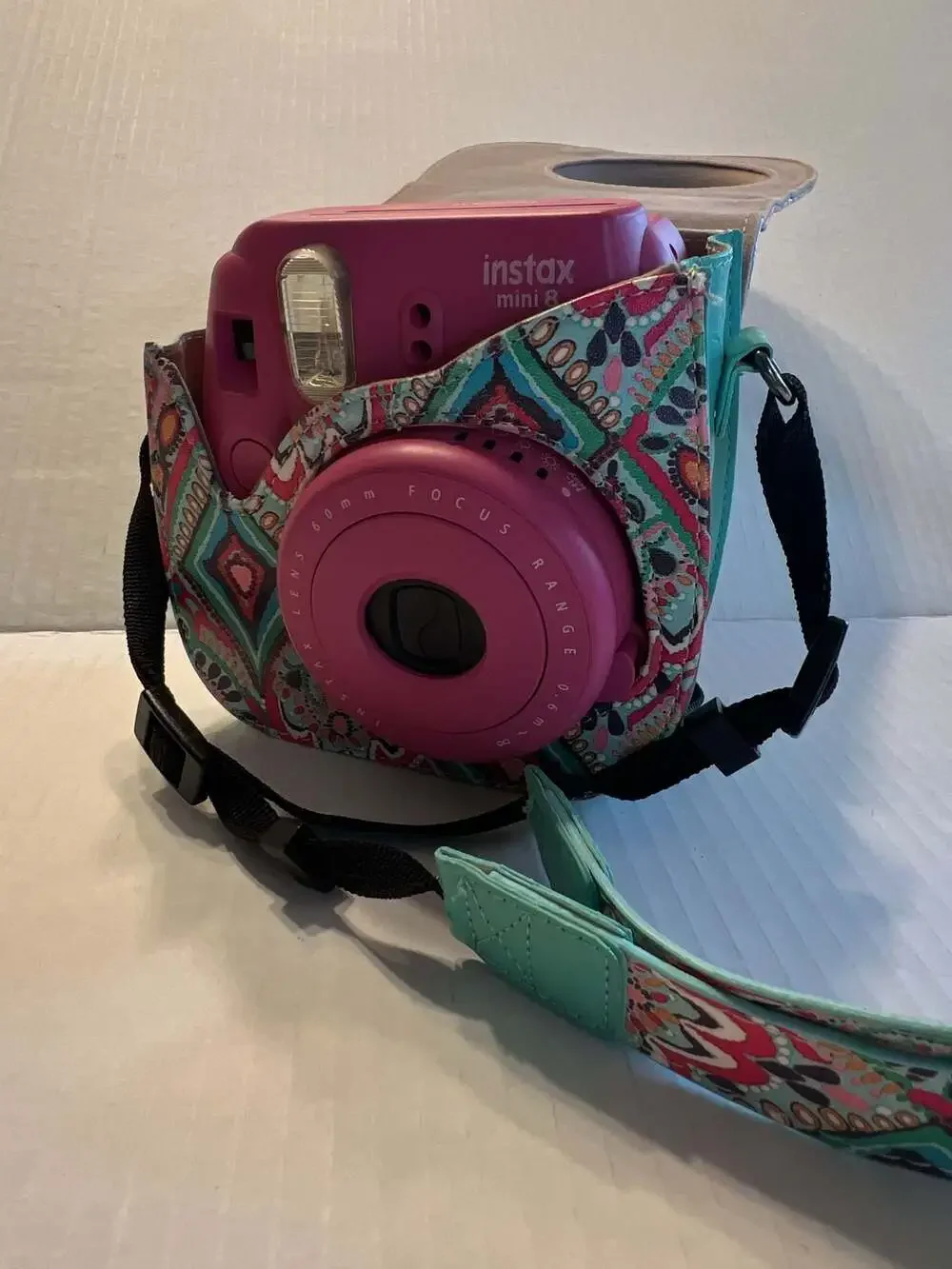 Fujifilm Instax Mini 8 Pink Instant Camera with Patterned Case and Strap
